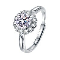 S925 Silver Plated White Gold Moissanite Sunflower Adjustable Ring-[Super Sparkling Zircon] 1 Carat Sunflower Ring  Adjustable Opening