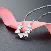 wholesale S925 Sterling Silver Olive Leaf Necklace for Women, Minimalist Korean-style Small Unique Design Full CZ Stone Pendant Choker Collarbone Chain-Platinum necklace>925 silver