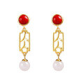 wholesale Gold-plated 925 Silver Retro Palace-style Hollow-carved White Jade Earrings with South Red Agate and Certificate-0-4