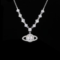 925 Silver Super Flash Full Diamond Saturn Necklace Women's Versatile Luxury Planet Collarbone Chain-S925 sterling silver + 1-carat white moissanite