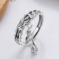 wholesale S925 Sterling Silver Retro Distressed Bamboo Weave Ring Holder Creative Bamboo Shoot Tassel Pendant Adjustable Ring-YJ617/approx. 4.1g Adjustable opening