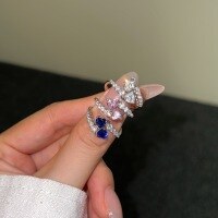 wholesale S925 Sterling Silver Korean Japanese Light Luxury Women's Ring with High-End Sense Double Heart Misaligned Irregular Design, Versatile and Personalized-Platinum Blue Diamond DY121101-SW-BA 8