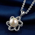 wholesale S925 Sterling Silver Korean Romantic Vintage Sweet Zircon Pearl Flower Pendant Necklace for Women-0-1