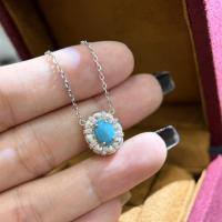 wholesale 925 Sterling Silver Advanced Icy Sleeping Beauty Oval Turquoise Necklace for Women with Vintage Brushed Finish Collarbone Chain-Platinum 925 silver