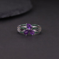 wholesale S925 Sterling Silver Luxury Diopside Ring with Natural Topaz and Amethyst, Autumn and Winter Decorative Hand Jewelry-Natural Amethyst Ring  US Size 8 (Domestic Size 17)