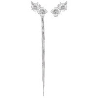 wholesale S925 Metal Korean Version Small Niche Personality Temperament Advanced Sense Long Fringe Double Flower Inlaid Zircon Earrings for Women-White gold [with silicone earplugs] &gt; 925 silver