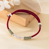 wholesale 999 Silver Nalan Literary Retro Chinese Style Exquisitely Simple Design Coiled Red Cord Adjustable Bracelet S7586-Pure Silver 999 Bracelet Pure Silver
