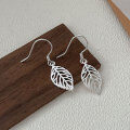 wholesale S925 Sterling Silver Hollow-Out Leaf Ear Hooks for Women, Minimalist Forest Style, Ins Delicate Fashion Aloof Wind Earrings-0-1