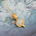 wholesale 925 Sterling Silver Gold Plated with Hetian Jade Inlaid Fox Fairy Nine-Tailed Fox Pendant-0-0