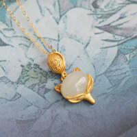 wholesale 925 Sterling Silver Gold Plated with Hetian Jade Inlaid Fox Fairy Nine-Tailed Fox Pendant-Gold-plated Fox Jade Pendant (without chain)  925 Silver
