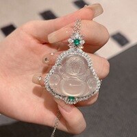 wholesale S925 Sterling Silver Icy Chalcedony Agate Jadeite Laughing Buddha Pendant Necklace, New Chinese Style Design-925 silver