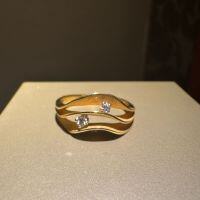 wholesale S925 Sterling Silver Vintage-style Light Luxury Retro Irregular Wave Curve Sandblasted Diamond Ring with Triple-Layer Petals and Double Diamonds-Gold US 5 (Hong Kong 10-11)