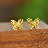 wholesale Gold-plated 925 silver new Chinese-style filigree butterfly inlaid with Hetian jade earrings, studs, and palace-style ear accessories-Gold 925 silver