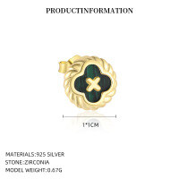 wholesale S925 Sterling Silver Round Vintage Button Earrings with Inlaid White Shell, Luxury Advanced Style, Cross-Border Wholesale-YE0207_Malachite_18K Yellow Plated_Pair_With Small Flower Ear Caps 925 Silver