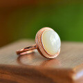 wholesale 925 Sterling Silver with Hetian Jade Oval Adjustable Open Ring for Women, with Certificate-0-1