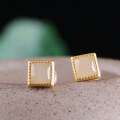 wholesale 925 silver gold-plated Chinese-style jade earrings with certificate, simple lace square earrings, inlaid with Hetian jade ear studs-0-0