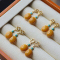 wholesale S925 silver inlaid natural Russian raw amber antique turquoise earrings, vintage-style amber earrings-0-1
