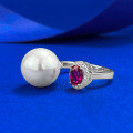 wholesale S925 Silver New Product 4*6 Pigeon Blood Red Zircon 12mm Pearl Openable Ring for Women Live Streaming-0-2