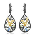 wholesale S925 sterling silver earrings with original design "Paradise of Birds", inlaid with natural topaz and garnet, black-0-5