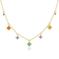 wholesale S925 Sterling Silver Lucky Four-Leaf Flower Mini Necklace for Women, Small and Unique Design, French Elegance with Colored Gemstones, Luxurious Gift-Multi-Flower Necklace - Colored Diamond Gold > 925 Silver
