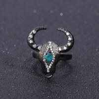 wholesale 925 Silver Adjustable Designer Dark Gothic Ring with Shanhaijing Bull Head Design and Green Agate Inlay-Green Agate Ring Adjustable opening