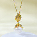 wholesale S925 Gold-Plated French Romantic Gold Leaf 12mm Pearl Pendant Neo-Vintage Necklace for Women-0-0