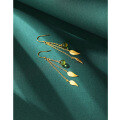 wholesale S925 Sterling Silver Tassel Earrings for Women, Vintage Ancient Gold Craft Round Bead Green Jade Leaf Ear Drops, Sand Gold Ear Accessories-0-0