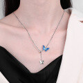 wholesale S925 Sterling Silver Enamel Blue Butterfly Dancing Necklace, Creative Fresh Fashion Holiday Style Collarbone Chain-0-0