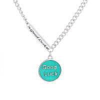 wholesale S925 Sterling Silver Creative Retro Green Round Pendant Letter "Good Luck" Necklace, Ins Korean Style Trendy Jewelry-313FL/approx. 11.2g>925 silver