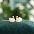 wholesale [gold-plated] S925 Sterling Silver Hetian Jade Rabbit Earrings, Palace Style Small Animal Gemstone Minimalist Elegant Earrings-0-0
