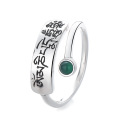 wholesale S925 Sterling Silver Vintage Ethnic Style Six Sacred Words Auspicious Meaning Ring Inlaid with Green Gemstone-0-6