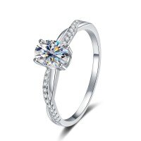 S925 Silver Oval Moissanite Ring for Women with Cross Pavé Band and Four-Prong Setting-5*7mm 1ct Moissanite (White Gold)  US Size 5