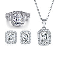 wholesale 925 Sterling Silver Zircon Square Diamond Ring Rectangular Pendant Ear Studs Necklace Women's High-end Sense Jewelry Set 3 Pieces-Ring TL-293 + Earrings TLED092 + Necklace TLXL109  US Size 10#