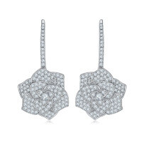 wholesale S925 sterling silver plated gold D-color moissanite camellia ear hooks with luxurious tassel and full diamond, in the style of Instagram influencers-32mm high  925 silver (1.74 carats total)