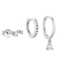 wholesale 925 Sterling Silver Zircon And Opal Earring Set, Women's High-end Earrings-3-piece set - Platinum 925 silver