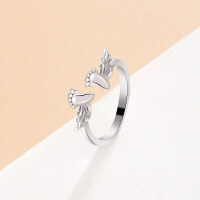 wholesale S925 Sterling Silver Footprint Ring with Wings, Women's Unique Design Open Adjustable Ring for SHEIN TEMU Cross-border Dropshipping-White gold>Adjustable opening