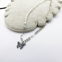 wholesale S925 Sterling Silver Korean Fashion Natural Freshwater Pearl Necklace with Resin Enamel Butterfly Pendant-YL426 about 22.8 grams 925 silver