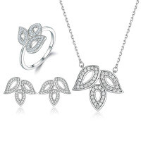 wholesale S925 Sterling Silver New European and American Design Leaf Ring, Necklace, Zircon Stud Earrings HW Three-Piece Jewelry Set-Earrings 925 silver