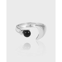 wholesale S925 Sterling Silver 938 Niche and Unique Open-End Ring with Inlaid Black Agate, Ins High-End Light Luxury for Women-Platinum [No. 14/Adjustable]>Opening adjustable