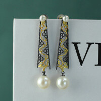 wholesale Black Gold Plated 925 Silver with Certificate Natural 9mm Pearl Earrings for Women, Slimming Long Drop Earrings, Palace Style Ear Accessories-925 silver electric black about 4.5mm+9mm