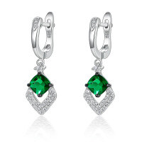 wholesale S925 Sterling Silver Emerald Rhombus Earrings, Luxe Vintage Elegant Banquet Geometric Drop Earrings-Silver 925 silver