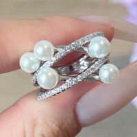 wholesale 925 Silver Round White Pearl 5mm Floral Design Women's Ring from ShiPei Jewelry Seasonal New Collection-White【R3393】 9