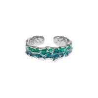 wholesale S925 Sterling Silver 1808 Original Design, Personality-Infused Neo-Chinese Style Textured Irregular Pattern Ethnic Open Ring for Women-Platinum [Green glaze dripping] Opening adjustable