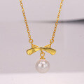 wholesale S925 Sterling Silver New Fashion Bow Pendant Korean Pearl Shell Bead Necklace for Women, Small Minimalist Design Collarbone Chain-0-4