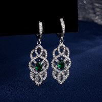 wholesale Metal material, cross-border Japanese and Korean hit elegant Chinese-style ear clasps for women, micro-set zirconia sweet choice, lightweight luxury fashion high-end earrings-xb611- platinum green