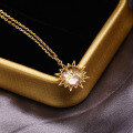 wholesale [925 Silver Gold Plated] Vintage Style Sunburst Natural White Crystal Double-Sided Pendant Necklace Wholesale with Inlaid Diamonds-0-3
