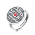 wholesale S925 Sterling Silver Retro Vintage Ethnic Style Shan Gui Cinnabar Red Stone Talisman Ba Gua Coin Adjustable Ring-0-4