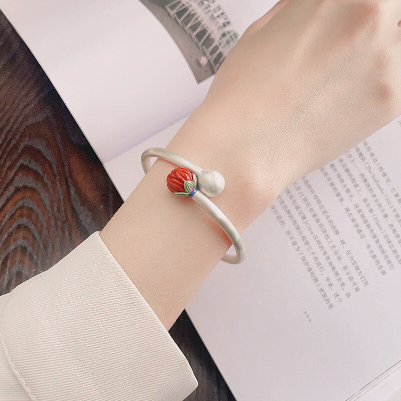 wholesale S990 Sterling Silver Vintage Matte Finish Southern Red Agate Flower Bud Lotus Pod Ethnic Style Adjustable Bangle-0-2