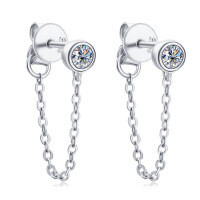 Sterling Silver Moissanite Chain Tassel Earrings, Wholesale.-Stylish chain earrings [White Gold]  925 Silver