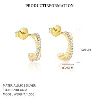 wholesale S925 Sterling Silver Irregular C-shaped Earrings With Zirconia And Curved Lines, Women's Light Luxury Design-E5649_White zirconium_18K yellow plated_with small flower ear cap 925 silver
